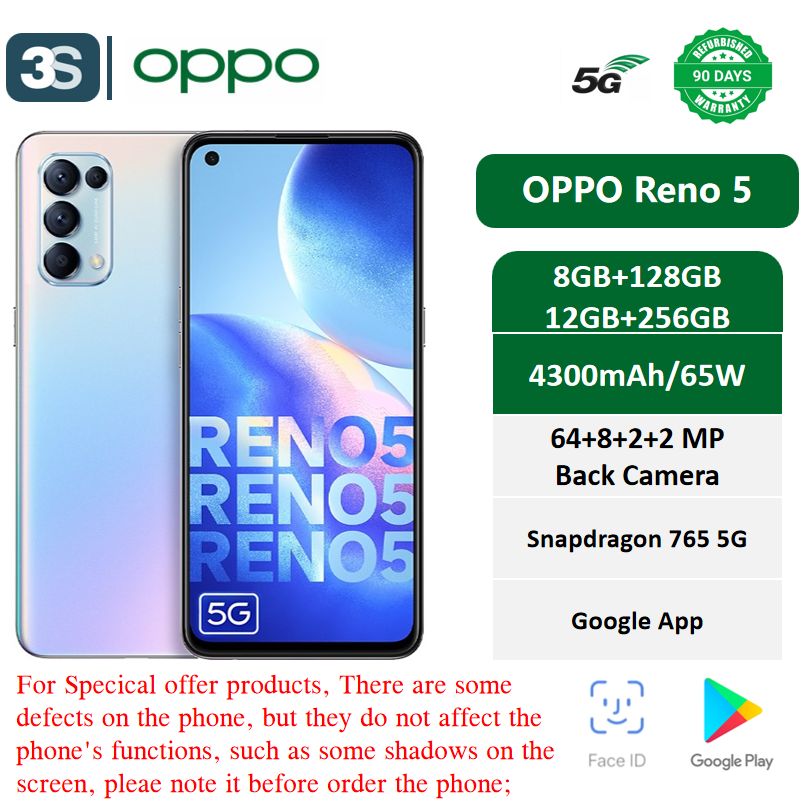 Refurbished Phones OPPO Reno 5 (Non-Original Screen) 5G 6.43‘’ Dual SIM 8GB+128/256GB LCD 4300mAh  Face Unlock AI 64MP Rear +32 Front MP Camera Snapdragon 765G ColorOS 11.1