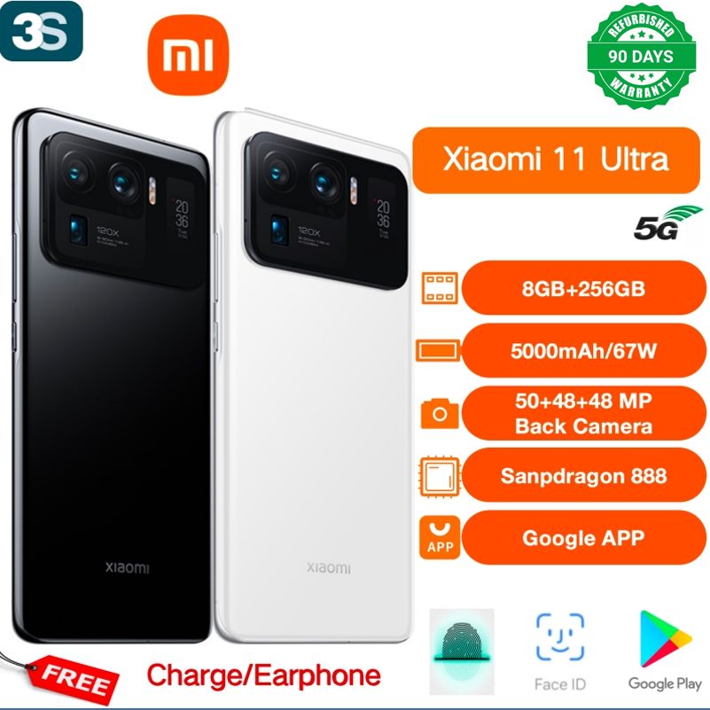 Refurbished Phone Xiaomi 11 Ultra (Original Screen) Smart Phone 5G Dual SIM 8GB+256GB Snapdragon 888 50+48+48MP 120Hz 5000mAh 67W Fast Charge Rear Camera 20MP Front Camera Dual SIM 8K video