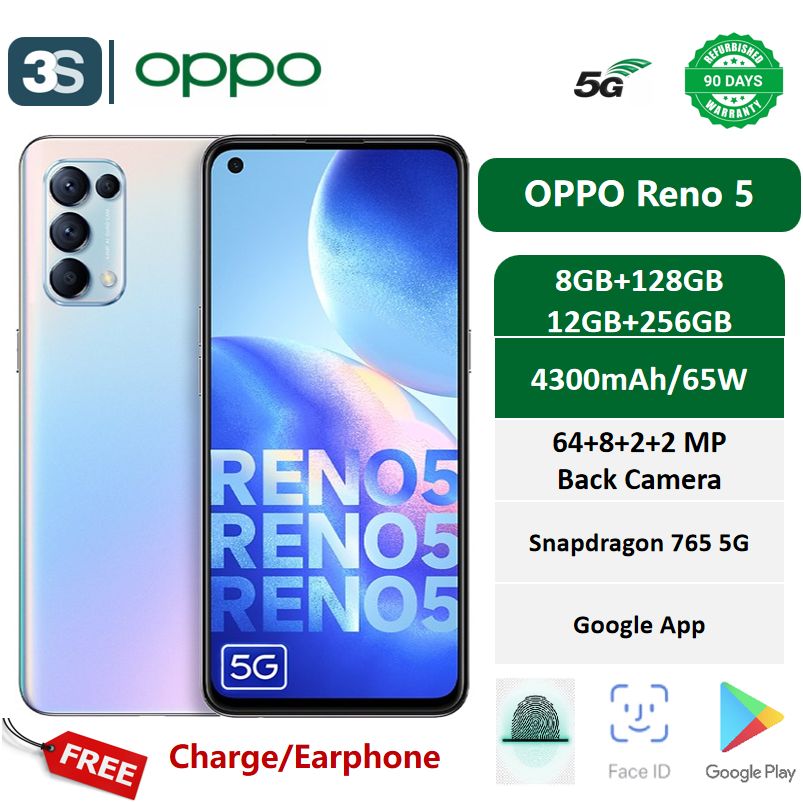 Refurbished Phones OPPO Reno 5 (Original Screen) 5G 6.43‘’ Dual SIM 8GB+128/256GB 90Hz AMOLED 4300mAh Fingerprint Face Unlock AI 64MP Rear +32 Front MP Camera Snapdragon 765G ColorOS 11.1