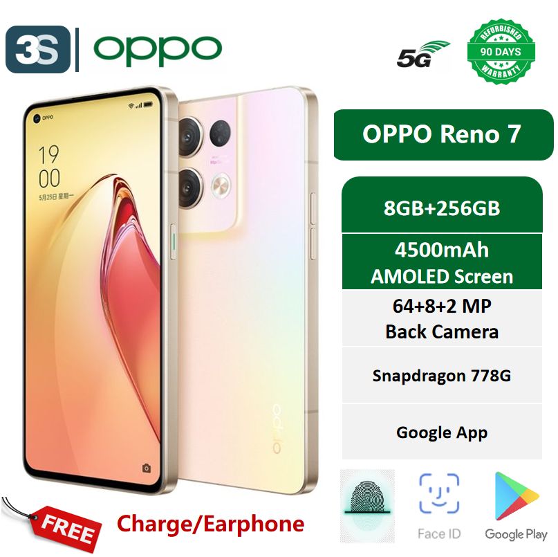 Refurbished Phones Reno 7 5G Dual SIM 6.43'' 8+256GB No-Fingerprint Back Camera 64MP+8MP+2MP Selfie Camera 32MP 4500mAh Support 60w Fast Charge