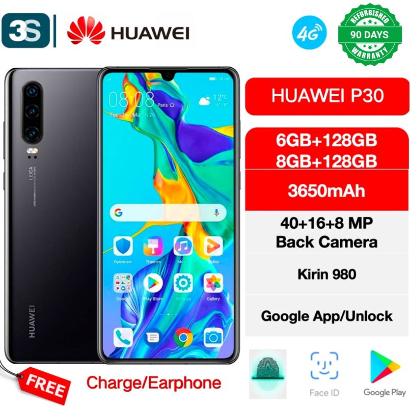 Refurbished Phones Huawei P30(Original Screen) 6.1'' 4G Dual SIM 6/8GB+128GB Kirin 980 (Leica Camera) Google Support Expandable Storage(256GB) OLED 3650mAh 40+16+8MP Rear Camera