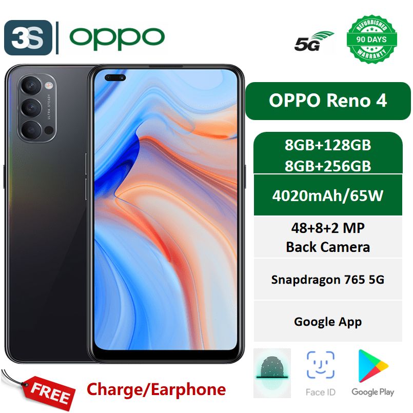 Refurbished Phones OPPO Reno 4（Original Screen） 5G Dual SIM 6.4’‘ AMOLED 60Hz 8+128/256GB Snapdragon 765G 4020mAh 65W Fast Charge Fingerprint & Face Unlock 48+8+2MP Main and 32+2MP Front Camera