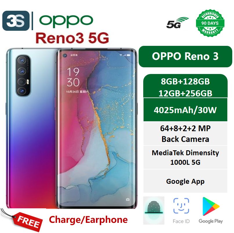 Refurbished OPPO Reno 3(Original Screen) 5G 6.4'' 128/256GB Dual SIM Fingerprin 4025mAh MTK 1000L Waterdrop AMOLED Screen(Original Screen) Rear Camera 64+8+2+2 Back Camera 32MP  VOOC Fast Charging 4.0