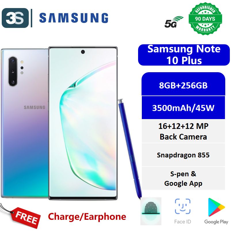 Refurbished Samsung Note 10 Plus 5G  6.8’‘ Dual SIM 12GB +256GB Superfast Charge 2.0 12MP+12MP+16MP Main Camera 4300mAh