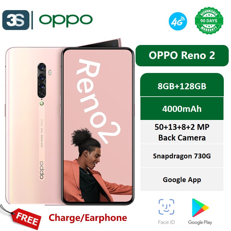 Refurbished Phones OPPO Reno2 Reno 2 (you can choose 3 colors) 4G 6.5''  8+128GB Dual SIM face unlock 4000mAh Snapdragon 730 48+13+8+2MP Rear Camera 16MP Front Camera