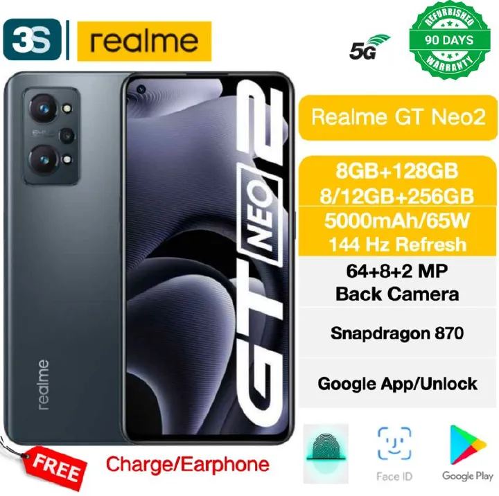 Refurbished Phones Realme GT Neo 2 5G 6.62'' AMOLED 120Hz(Original Screen) Dual SIM Fingerprint(Normal)5000 mAh 65W wired Snapdragon 870 64+8+2MP Main Camera