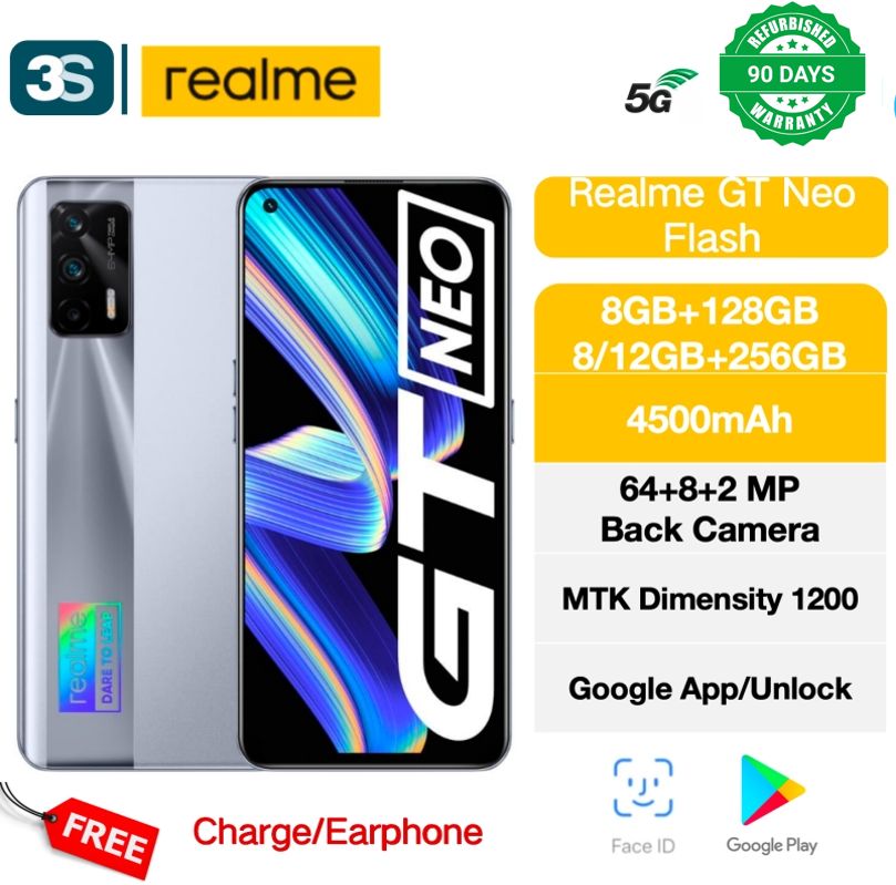 Refurbished Realme GT Neo Flash 5G (Non Original Screen, no fingerprinter function )128/256GB 6.43''  4500mAh Dual SIM MTK Dimensity 1200 Rear Camera Sony IMX682 64+8+2MP Front Camera 16MP
