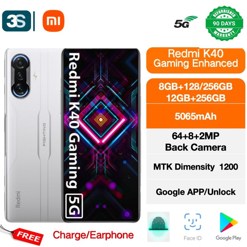 Refurbished Phones Xiaomi Redmi K40 Gaming 5G+4G 120Hz AMOLED 6nm MTK Dimensity 1200 5065 mAh 67W Fast Flash Charge 128/256GB triple camera 64 MP + 8 MP + 2 MP side-mounted fingerprint scanner