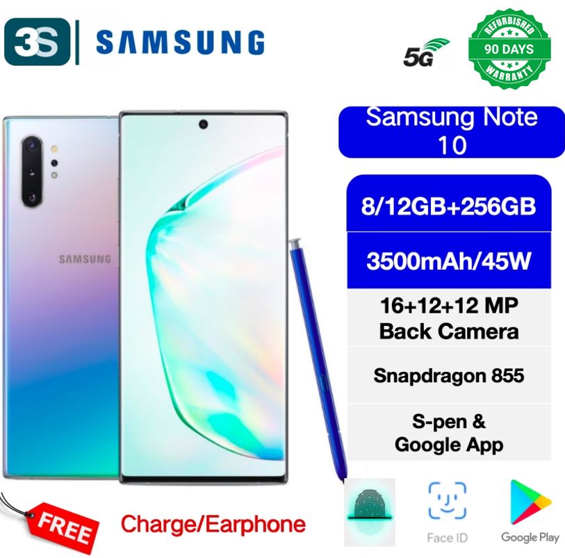 Refurbished Samsung Note 10 5G  8/12GB +256GB Superfast Charge 2.0 12MP+12MP+16MP Main Camera