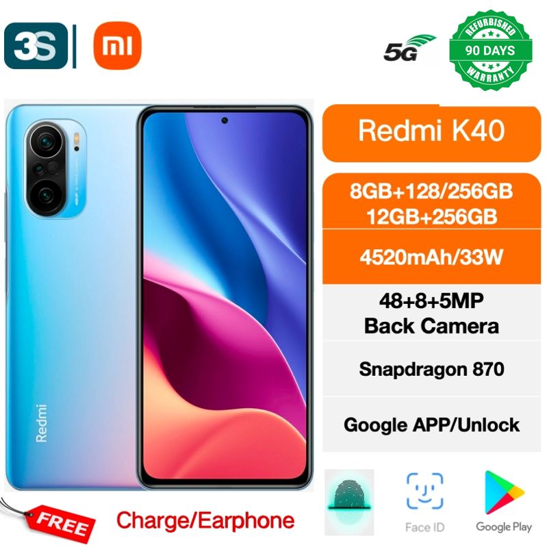Refurbished Phone Xiaomi redmi K40 Smartphone 5G Fingerprint (side-mounted) Dual SIM 120Hz Super AMOLED Snapdragon 870 48MP+5MP+8MP Main Camera  20 MP Front Camera 4520 mAh 33W wired