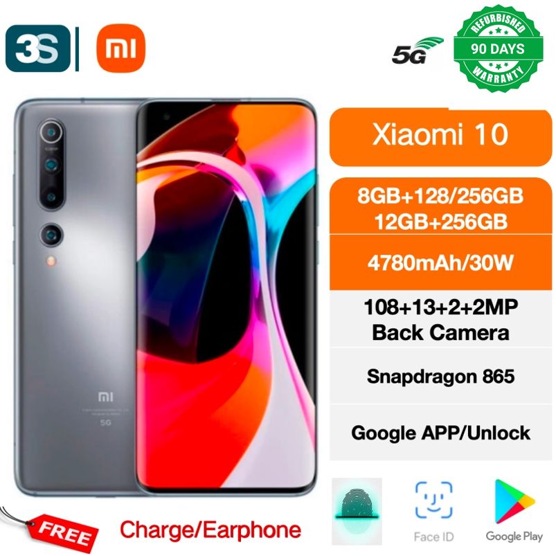 Refurbished Xiaomi 10 5G Smartphone 8/12+128/256GB Dual SIM On-screen Fingerprint 100MP Rear Camera 4780 mAh Snapdragon 865 90Hz 6.67''