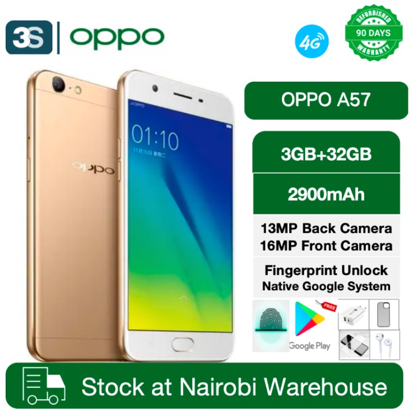 Refurbished OPPO A57 Fingerprint 3+32GB Dual SIM Fingerprint Expandable Storage Google System 2900mAh 13MP Rear Camera 16MP Front Camera