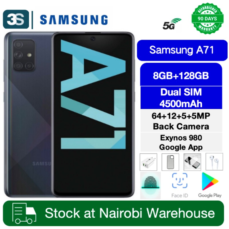Refurbished Samsung A71 5G Dual SIM (Original Screen Support) Fingerprit Super AMOLED with Fingerprint 6.7 inches 4500mAh 25W Fast Charge Exynos 980 Back Camera 64MP+12MP+5MP+5MP Front Camera 32MP