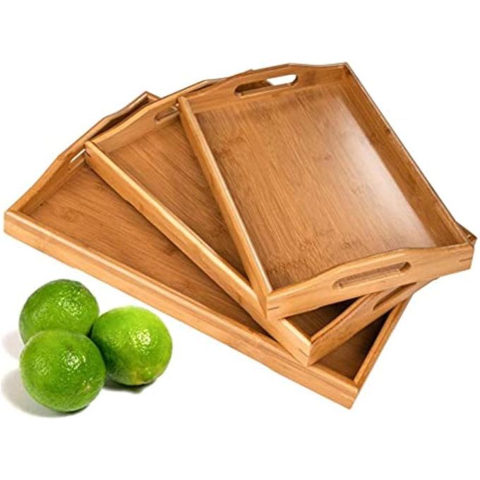 Hot Sale 3 Pack Bamboo Serving Tray Food Tray with Handles, Multi-Use Platter Trays Set for Food, Coffee, Breakfast, Tea, Snack, Wooden Decor Tray Used in Kitchen, Dining Room, Party, Restaurants
