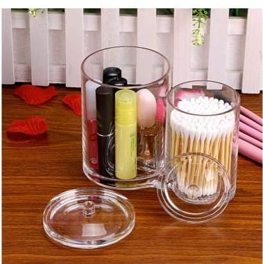 2 in 1 Clear Acrylic Cotton Swab Holder Quality Round Container Cotton Pad Q-tip Ear Bud Organize Case for Make Up Brush Clear Apothecary Jar