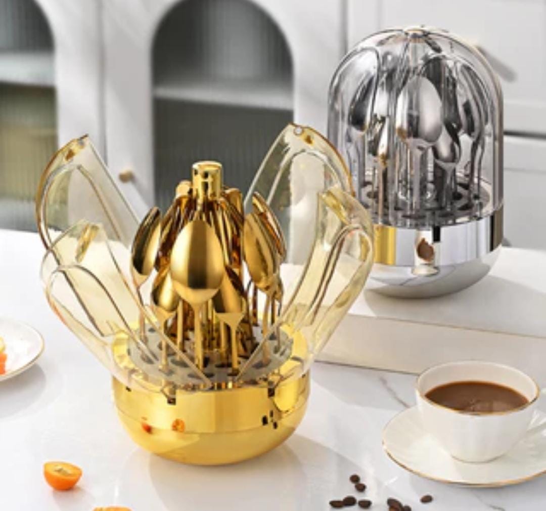 Elegant 24-Piece Cutlery Set with Rotating Crystal Dome Cover