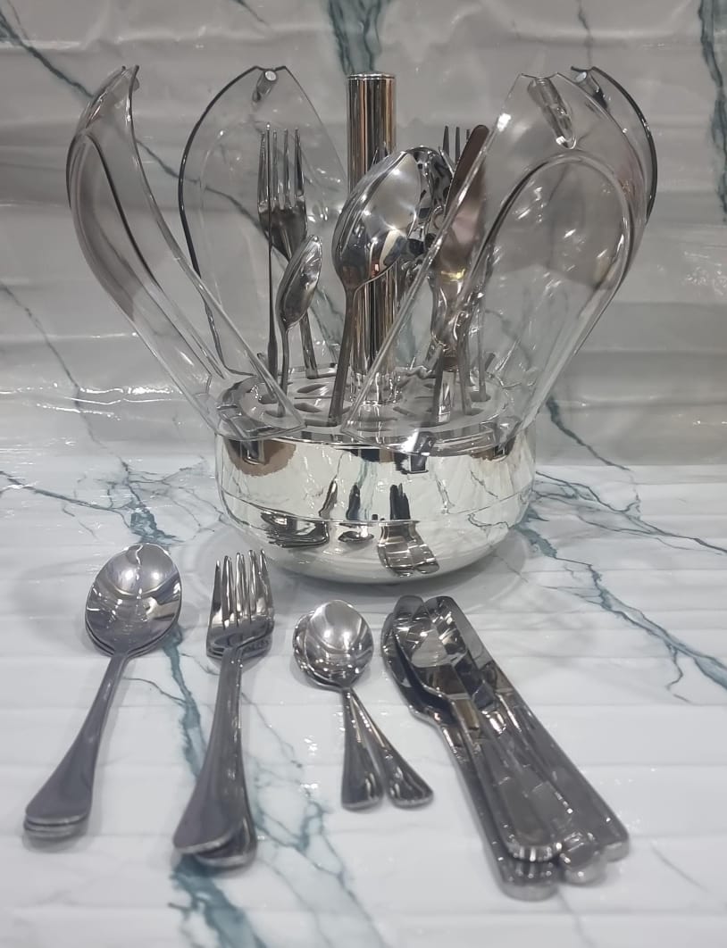 Elegant 24-Piece Cutlery Set with Rotating Crystal Dome Cover