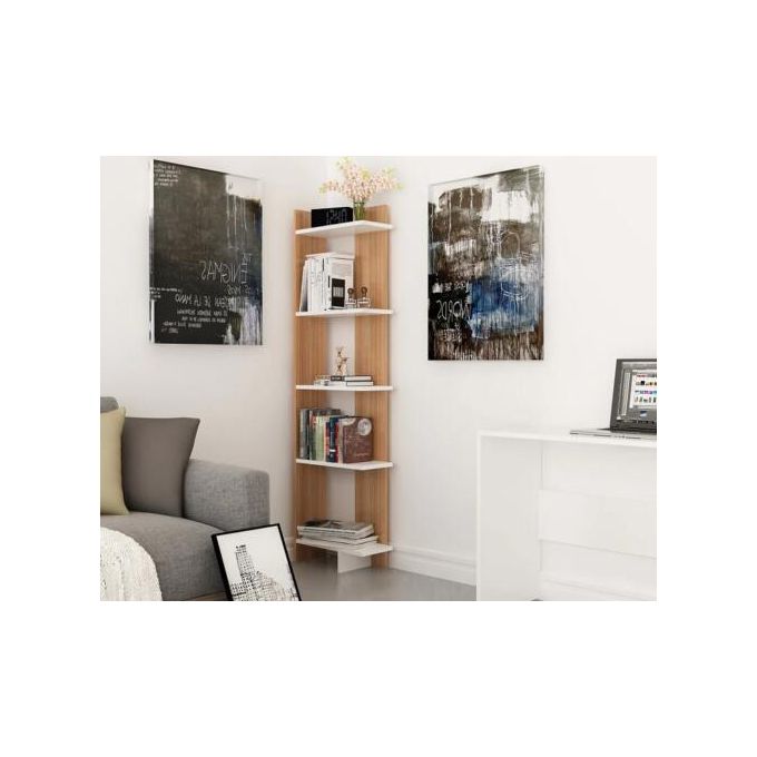 Sly Corner Bookshelf Décor Stand Teak and White