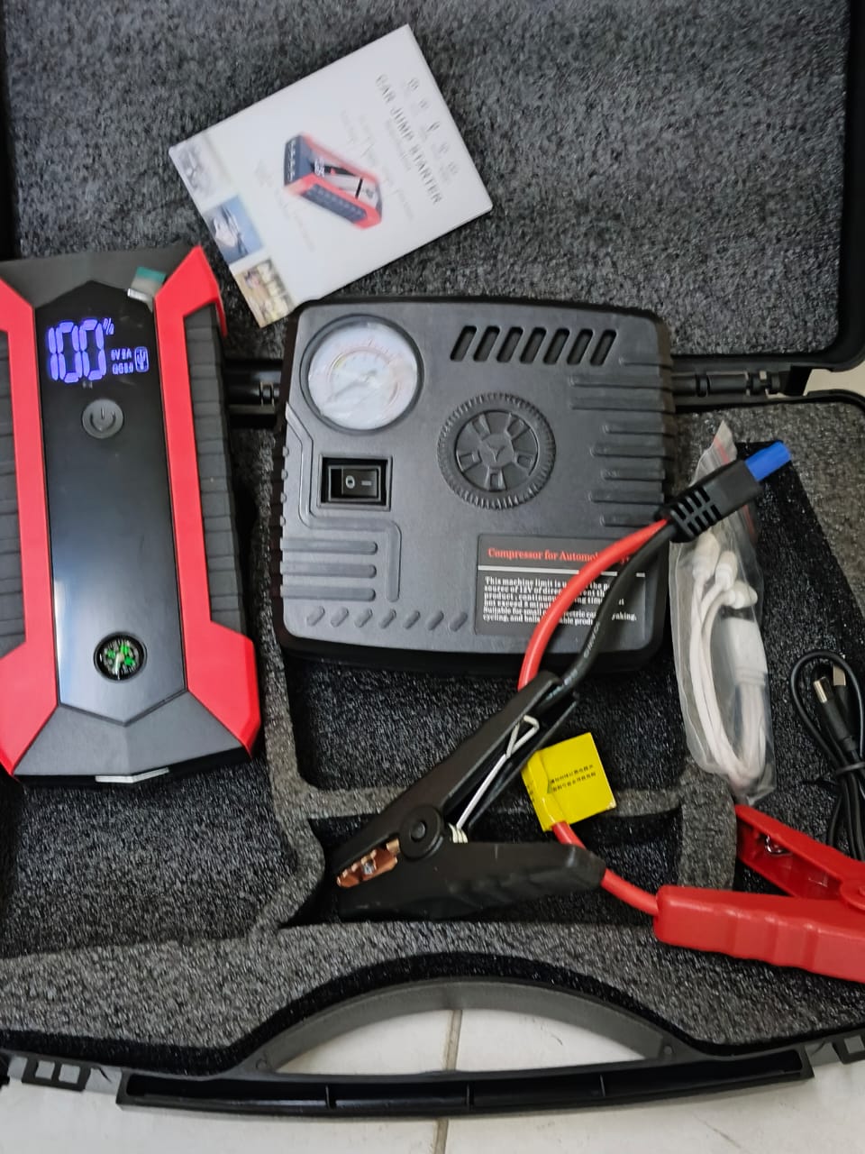 Portable 12V 99800mAh High Power Car Jump Starter Battery Booster Power Bank with Built In Tire Inflator Air Compressor Pump and LED Flashlight.