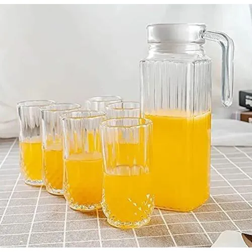 7Pcs Premium Glass Water Set with 1.5L Jug and 6 Tumblers – Stylish, Durable Drinkware for Home, Hotel & Office Use, Perfect for Water, Juice, Cocktails & Everyday Serving