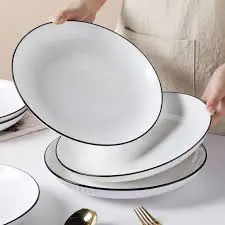 Set of 6 Ceramic Dinner Plates with Elegant Black Rim – 10.5" Modern White Porcelain Plates – Durable, Stylish & Microwave Safe for Home, Hotel & Restaurant Table Settings