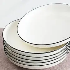 Set of 6 Ceramic Dinner Plates with Elegant Black Rim – 10.5" Modern White Porcelain Plates – Durable, Stylish & Microwave Safe for Home, Hotel & Restaurant Table Settings