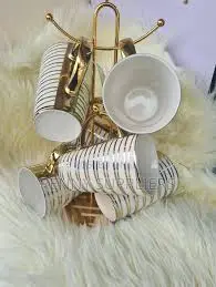 6 PCS Long Gold Tea Mugs – Elegant Tall Ceramic Tea Cups with Gold Trim, Durable Design for Daily Use & Perfect Gift Choice