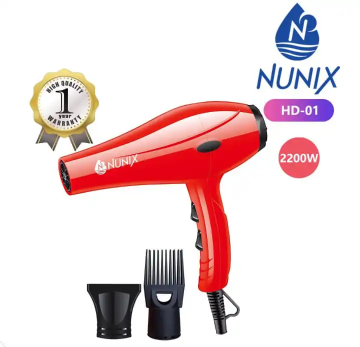 Nunix 2200W Blow Dry Hair Dryer with Accessories – Red | Powerful, Stylish & Efficient for Home & Salon Use