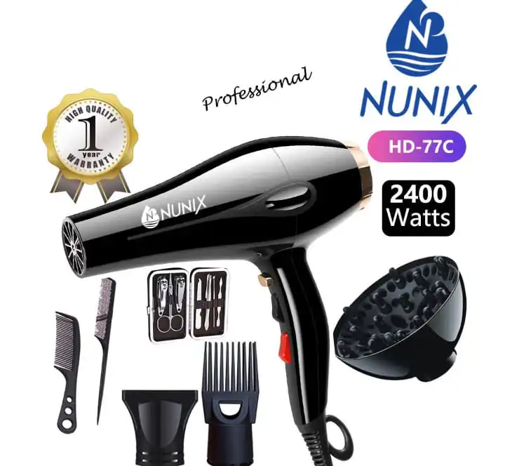 NUNIX HD-77C Professional Hair Dryer – 2400W Fast-Drying Ionic Blow Dryer with Cool Shot & Heat Control for Salon-Style Results at Home