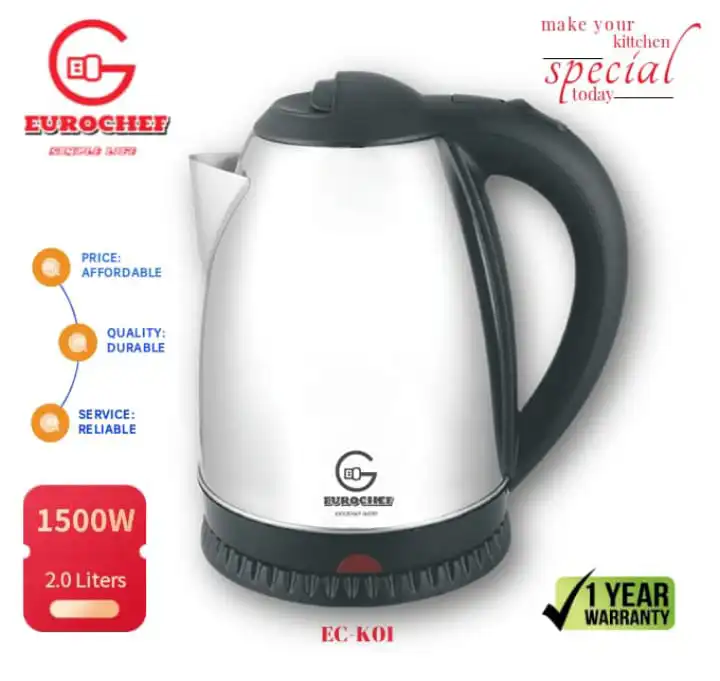 EuroChef Stainless Steel Electric Kettle with Automatic Shut-Off – 2.0L, 1500W Rapid Boiling, Durable & Safe for Every Modern Kitchen