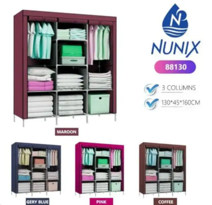 3 Columns Wooden Frame Portable Wardrobe – Spacious, Sturdy & Stylish Storage Solution | Non-Woven Fabric Cover, Durable Design, Ideal for Home, Hostel or Rental Use