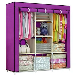 3 Columns Wooden Frame Portable Wardrobe – Spacious, Sturdy & Stylish Storage Solution | Non-Woven Fabric Cover, Durable Design, Ideal for Home, Hostel or Rental Use