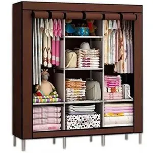 3 Columns Wooden Frame Portable Wardrobe – Spacious, Sturdy & Stylish Storage Solution | Non-Woven Fabric Cover, Durable Design, Ideal for Home, Hostel or Rental Use