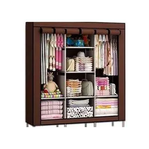 3 Columns Wooden Frame Portable Wardrobe – Spacious, Sturdy & Stylish Storage Solution | Non-Woven Fabric Cover, Durable Design, Ideal for Home, Hostel or Rental Use