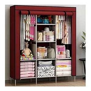 3 Columns Wooden Frame Portable Wardrobe – Spacious, Sturdy & Stylish Storage Solution | Non-Woven Fabric Cover, Durable Design, Ideal for Home, Hostel or Rental Use