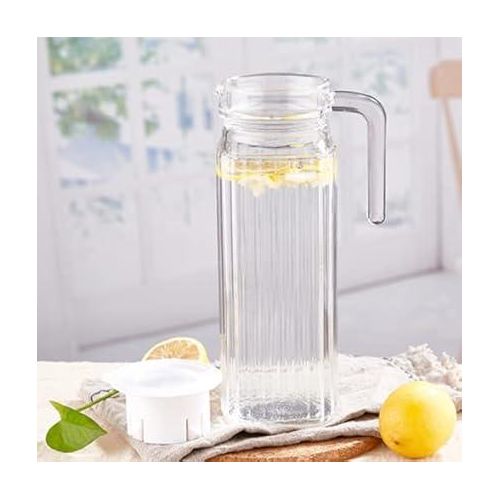 Premium Water and Juice Glasses and Jug, (1 Water Juice Jug 1.1 Liter and 6 Pieces Glasses 3Transparent, Highball Water Glass and Jug Set for Dining Table (Jug A +6 Glass)