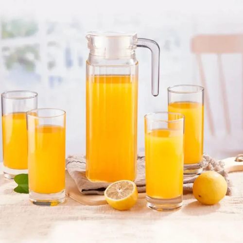 Premium Water and Juice Glasses and Jug, (1 Water Juice Jug 1.1 Liter and 6 Pieces Glasses 3Transparent, Highball Water Glass and Jug Set for Dining Table (Jug A +6 Glass)