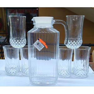 Premium 7Pcs Glass Jug and Tumbler Set – 1.5L Pitcher + 6 Glasses for Juice, Water, and Daily Use