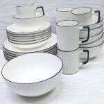 Elegant White 24pc Ceramic Dinnerware with Black Rim – Side Plates, Bowls, Mugs & Dinner Plates – Microwave & Dishwasher Friendly