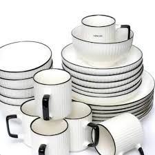 Elegant White 24pc Ceramic Dinnerware with Black Rim – Side Plates, Bowls, Mugs & Dinner Plates – Microwave & Dishwasher Friendly
