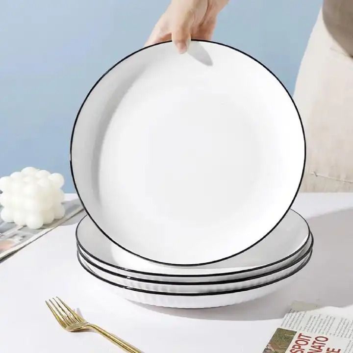 Set of 6 Elegant Ceramic Dinner Plates – Sleek White Ribbed Design with Subtle Black Rim, Durable and Chip-Resistant, Perfect for Everyday Dining and Special Occasions