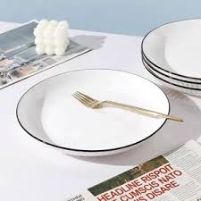 Set of 6 Elegant Ceramic Dinner Plates – Sleek White Ribbed Design with Subtle Black Rim, Durable and Chip-Resistant, Perfect for Everyday Dining and Special Occasions