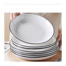 Set of 6 Elegant Ceramic Dinner Plates – Sleek White Ribbed Design with Subtle Black Rim, Durable and Chip-Resistant, Perfect for Everyday Dining and Special Occasions