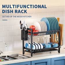 Dish Rack 2-Layered Advanced Model – Gold & Black, Anti-Rust, Durable Metal, Space-Saving Kitchen Organizer for Plates, Bowls, Cups, Utensils, and More