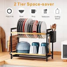 Dish Rack 2-Layered Advanced Model – Gold & Black, Anti-Rust, Durable Metal, Space-Saving Kitchen Organizer for Plates, Bowls, Cups, Utensils, and More