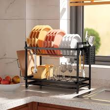 Dish Rack 2-Layered Advanced Model – Gold & Black, Anti-Rust, Durable Metal, Space-Saving Kitchen Organizer for Plates, Bowls, Cups, Utensils, and More