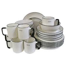 24pcs White Ceramic Dinner Set with Black Rim – 24-Piece Elegant Kitchen Dinnerware Set, Premium Porcelain Plates & Bowls, Modern Minimalist Design for Home Dining