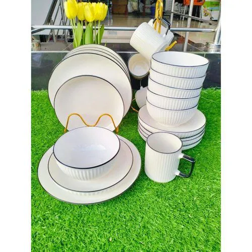 24pcs White Ceramic Dinner Set with Black Rim – 24-Piece Elegant Kitchen Dinnerware Set, Premium Porcelain Plates & Bowls, Modern Minimalist Design for Home Dining