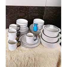 CONCISE DINNER SET 28PCS Japanese Porcelain Dinnerware Set for 6, Includes 10.5" Ring Plates, 9.5" Ring Plates, Mugs, Soup Bowls, Ceramic Hotpots & Salt Shaker, Elegant Minimalist Tableware