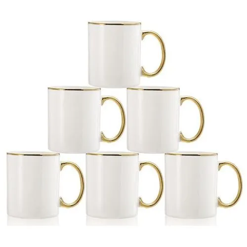 Set Of 6 Ceramic Mugs In Gold Rim & Handle - Elegant Coffee Tea Cups with Gold Trim, Durable Ceramic, 6-Piece Mug Set for Home, Office, Party, Gifts (350ml)